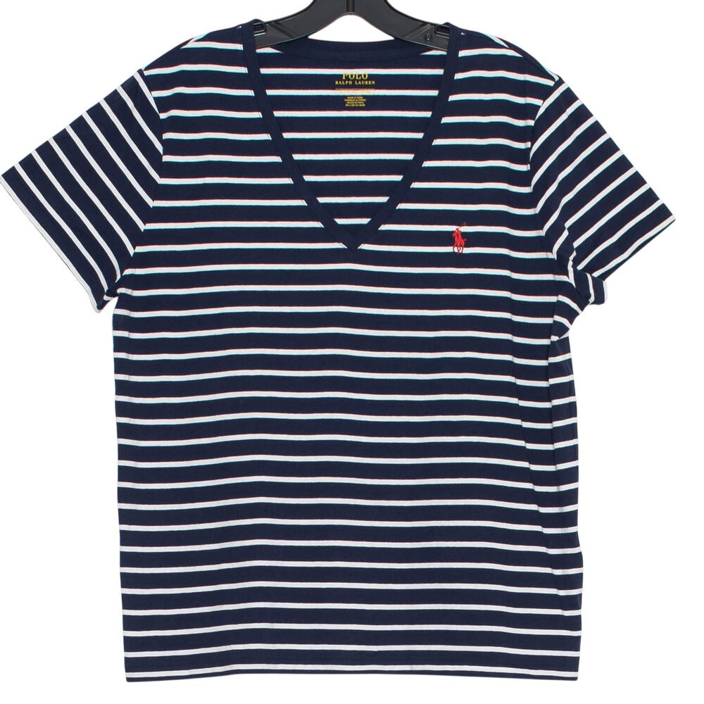 Polo Ralph Lauren Striped Navy Blue V Neck Tee Top XL Nautical Coastal Preppy